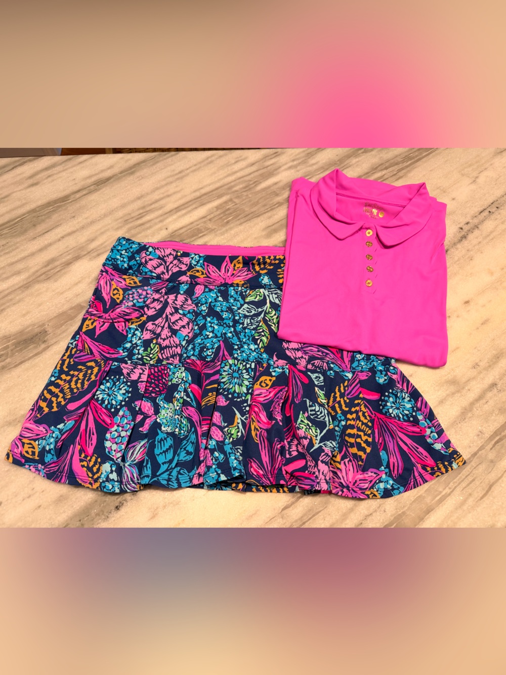 Lily Pulitzer Women's Pink Polo Top with Scalloped Placket and Gold Buttons - Picture 5 of 5